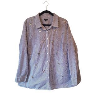 Talbots Women's Blue Striped Jewel Embellished Button Down Shirt Size 3X